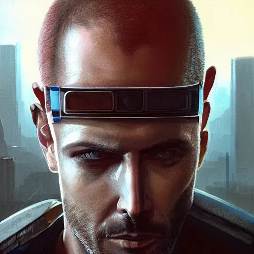 Prompt: cyberpunk, armitage, closeup portrait of an ex soldier, battlescar, artificial eye, brown buzzcut, wired head, dramatic light, city background, sunset, dystopian setting, high contrast, sharp, neuromancer, painted by stanley lau, painted by greg rutkowski, painted by stanley artgerm, digital art, trending on artstation