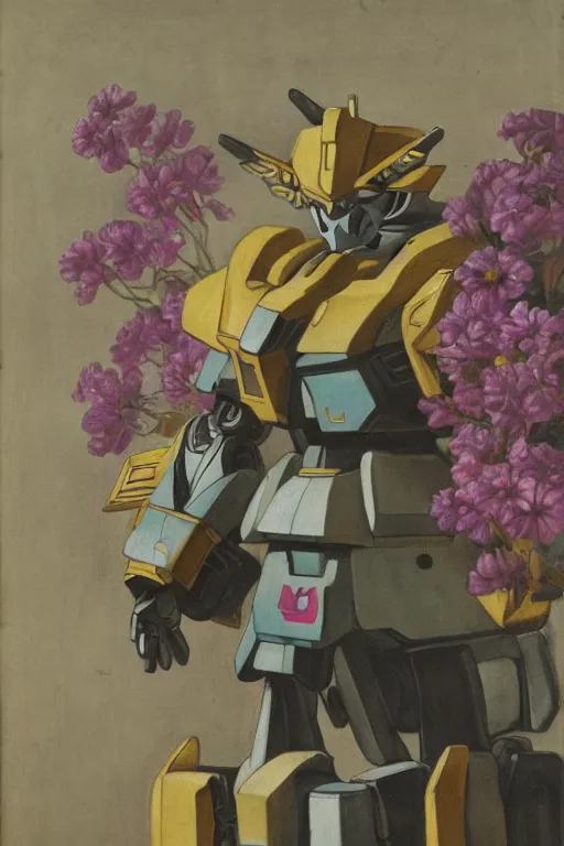 Image similar to a elegant gundam robot with fluo color detail, and muted arm colors, on top of dutch master painting of flowers