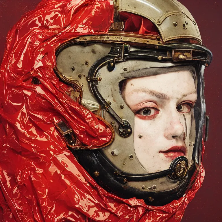 Image similar to portrait of a third reich soldier in ornate motorcycle dirt helmet in a helmet background red plastic bag, circuitboard,, rich deep colors, ultra detail, by francis bacon, james ginn, petra courtright, jenny saville, gerhard richter, zdzisaw beksinsk, takato yamamoto. masterpiece, elegant fashion studio ighting 3 5 mm