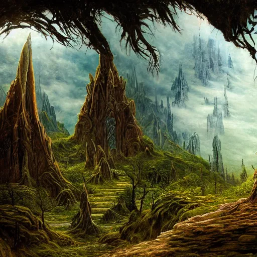 Image similar to a beautifully epic and insanely detailed oil painting of an elven temple deep in the misty mountains, secret valley, tall spires, beautiful trees, runes carved into the stone, intricate details, epic scale, insanely complex, 8 k, sharp focus, hyper realism, fantasy landscape, psychedelic, by caspar friedrich, brian froud, albert bierstadt,