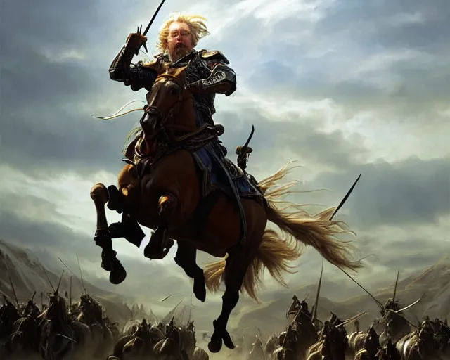 Image similar to king theoden charging the battlefield on horseback with an army of horses behind him, deep focus, d & d, fantasy, intricate, elegant, highly detailed, digital painting, artstation, concept art, matte, sharp focus, illustration, hearthstone, art by artgerm and greg rutkowski and alphonse mucha