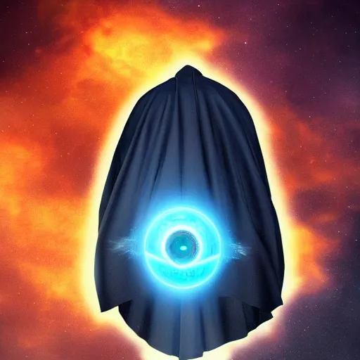 Image similar to award - winning. trending on artstation. 4 k. eerie tone. a faceless astral figure wearing a hooded cape made of the night sky with 1 dark blue glowing eye on its face. full - body.