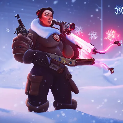 Image similar to a screenshot of arnold schwarzenegger as mei in the snow shooting frost gun in overwatch, portrait, fantasy, beautiful face, vivid colors, elegant, concept art, sharp focus, digital art, hyper - realistic, 4 k, unreal engine, highly detailed, hd, dramatic lighting by brom, trending on artstation