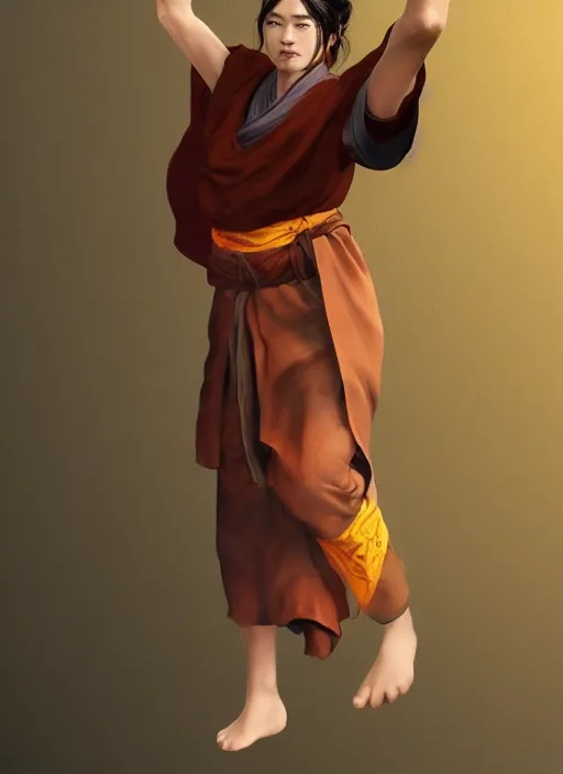 Prompt: female drunken master monk by wlop, wuxia, xianxia, drunken boxing, drunken fist, olive skin, weathered skin, athletic, playful, fully clothed, monk's robe, detailed, realistic, anatomically accurate, fantasy illustration, artstation, wlop.