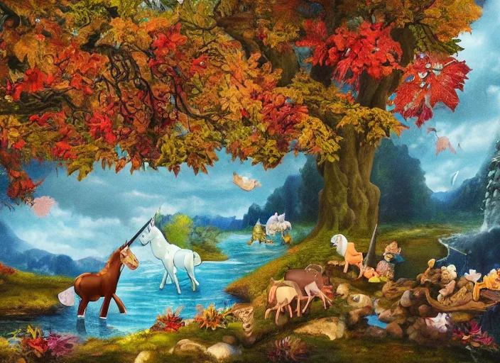 Image similar to unicorns in an autumnal landscape, river and waterfalls, pretty tree with fruits, tormented sky with rain in the background, immaculate horns, little pixies and goblins playing, inspired by clark amanda