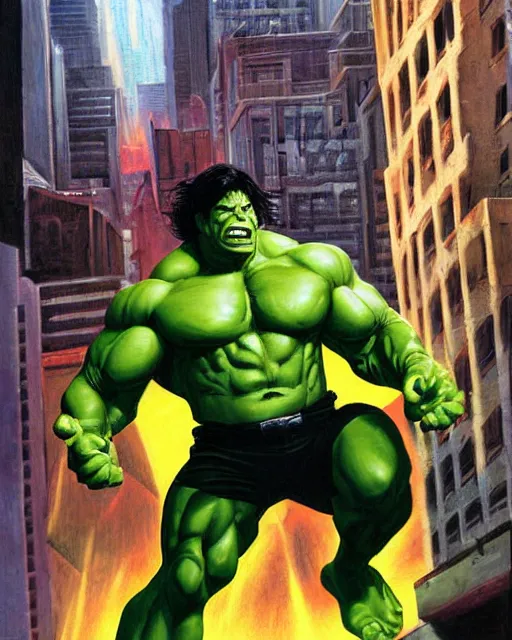 Image similar to a moody painting of the incredible hulk looking angry as he bursts through a wall at noon in a city by joe jusko.