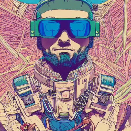 Prompt: hyper detailed comic illustration of a cyberpunk Yor Forger wearing a futuristic sunglasses and a gorpcore jacket, markings on his face, by Josan Gonzalez and Geof Darrow, intricate details, vibrant, solid background, low angle fish eye lens