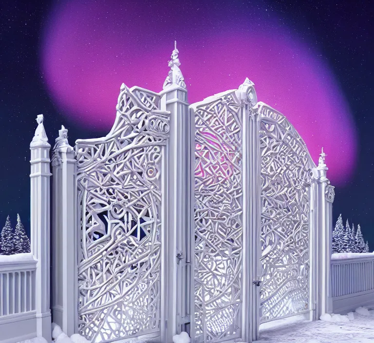 Image similar to a very detailed concept art of intricate and well designed white gates to aurora borealis infused with magic by wes anderson, dynamic lighting trending on artstation, symmetry, digital art, 4 k, hyper realistic, octane render, sharp focus