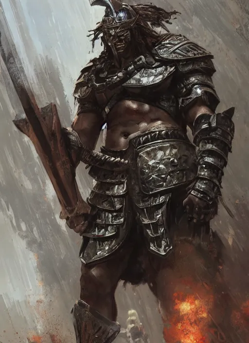 Image similar to ancient historically accurate depiction of the Bible Character Goliath of Gath, the Philistine warrior giant in ancient persian chainmail armor, dramatic lighting art by Yoji Shinkawa by Richard Schmid by greg rutkowski by Sandra Chevrier by Jeremy Lipking cinematic dramatic