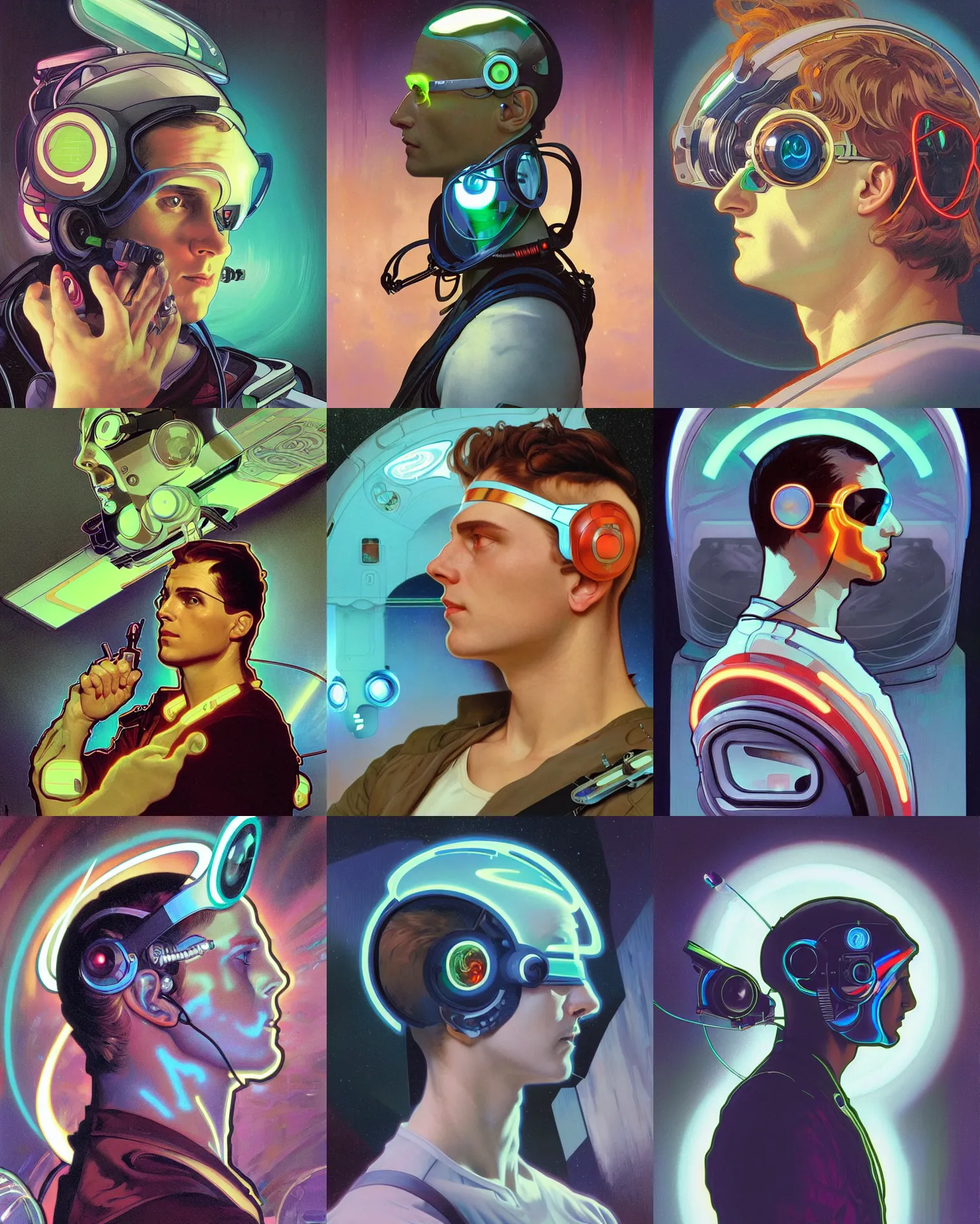 Prompt: side view future coder man, sleek cyclops display over eyes and glowing headset, neon accents, holographic colors, desaturated headshot portrait digital painting by alphonse mucha, donoto giancola, dean cornwall, rhads, john berkey, tom whalen, alex grey, astronaut cyberpunk electric lights profile