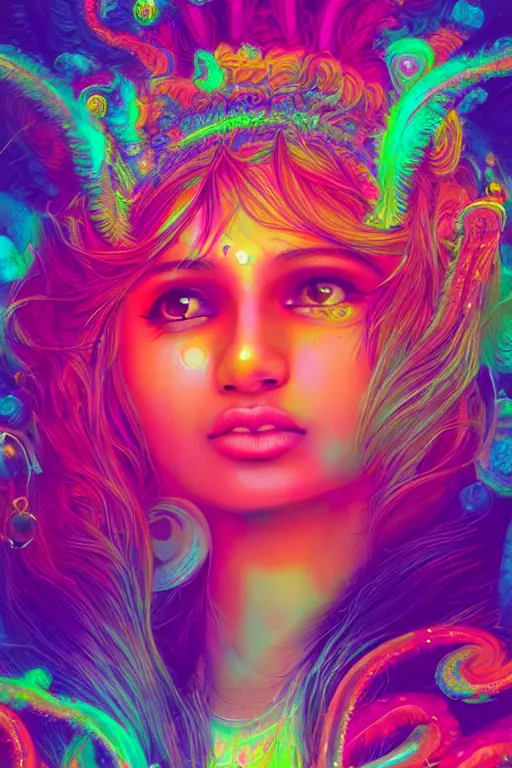 Prompt: a beautiful indian girl engulfed in colorful liquid smoke and neon clouds, a colorful psychedelic experience, dmt, lsd, face, highly detailed, artstation, concept art, matte, sharp focus, illustration, digital art by hana yata, and artem demura and beeple, lisa frank, octane render, unreal engine, 8 k