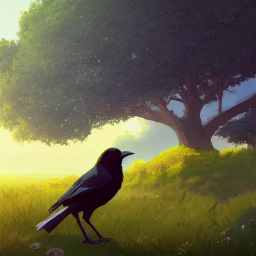 Prompt: a wholesome animation key shot of a crow on a hill, studio ghibli, pixar and disney animation, sharp, rendered in unreal engine 5, anime key art by greg rutkowski, bloom, dramatic lighting