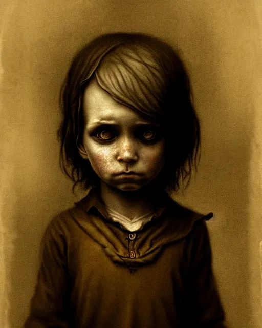 Image similar to creepy child, hopelessness, staring out, sepia, victorian, poor, ultra realistic, concept art, intricate details, cinematic, highly detailed