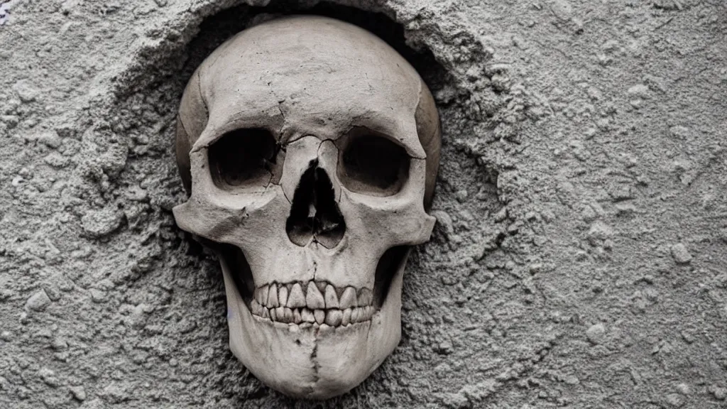 Prompt: a human skull made of Cement