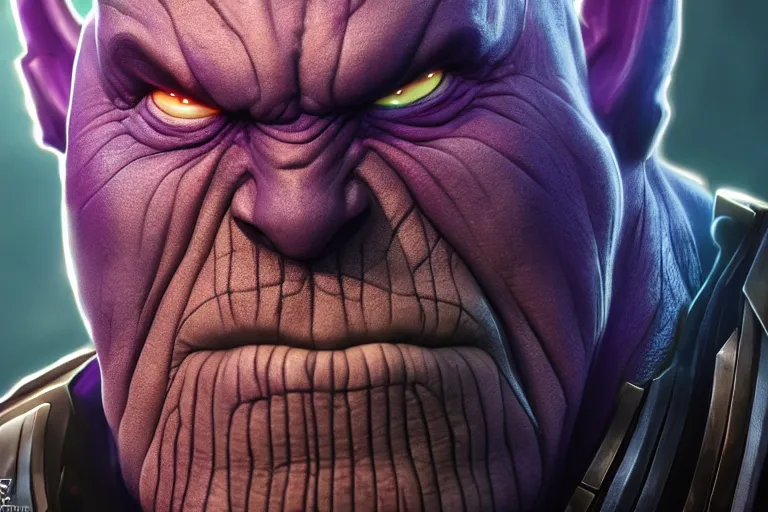 Image similar to Thanos grimacing, artstation, HD wallpaper, 4k, photorealistic, digital art