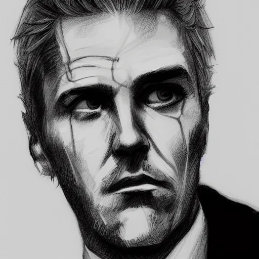 Image similar to John Constantine portrait profile, black and white sketch, cellshaded, drawn in fine-tip pen, made by WLOP, trending on artstation