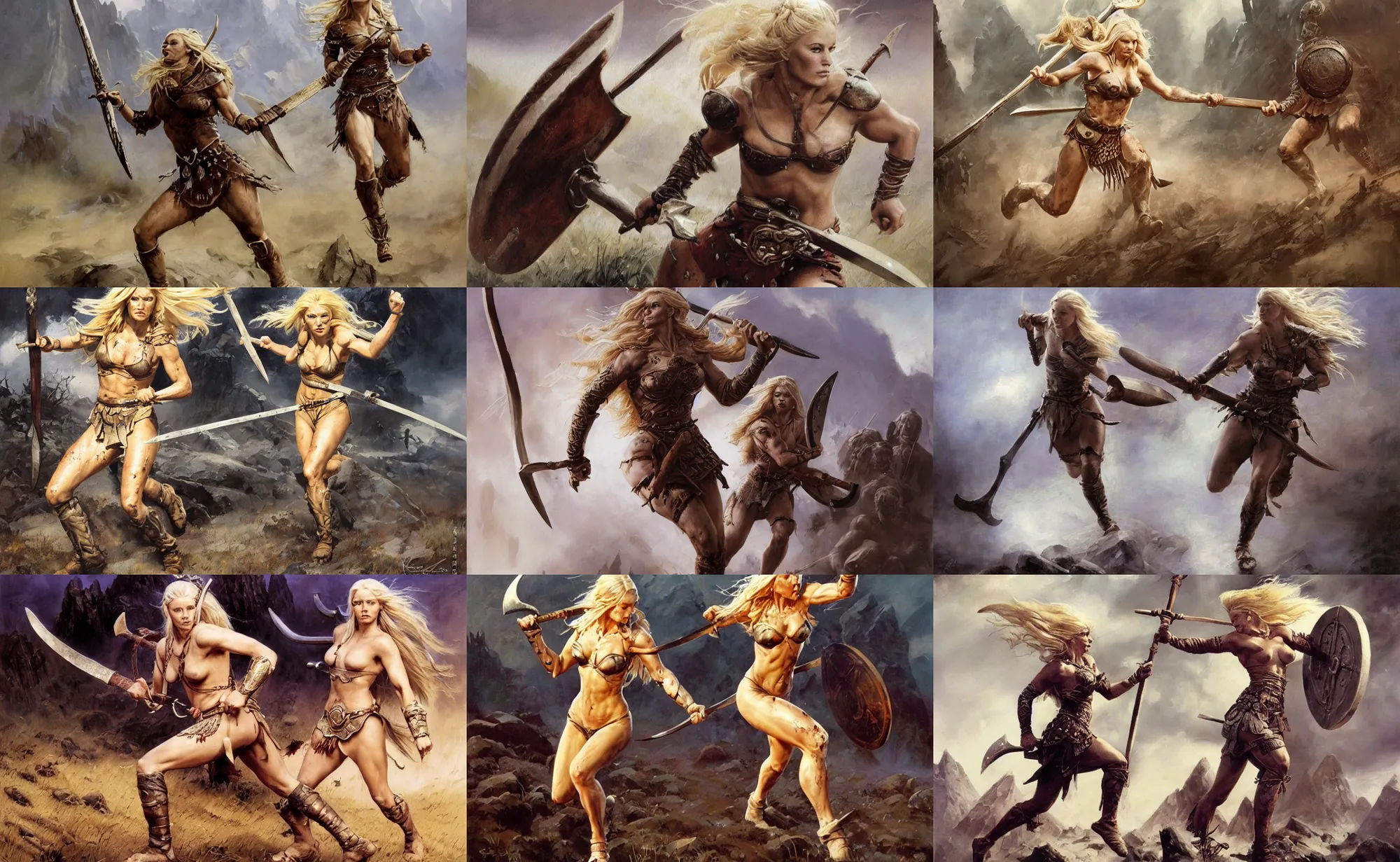 Prompt: An oil painting of a beautiful blonde viking woman running with a bloodied war-axe, very aesthetic, detailed face, by Frank Frazetta, Greg Rutkowski, Boris Vallejo, Neal Hanson, Christian MacNevin, epic fantasy character art, goddess of war, detailed viking rune armor, high fantasy, full length, exquisite detail, post-processing, low angle, masterpiece, cinematic, colossal dragon in background