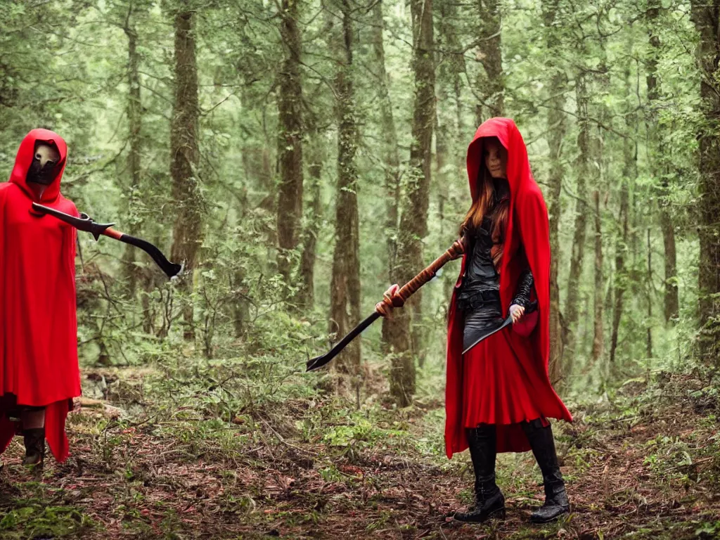 Prompt: a girl in a red hood with a twohanded axe in mysty deep mystical forest