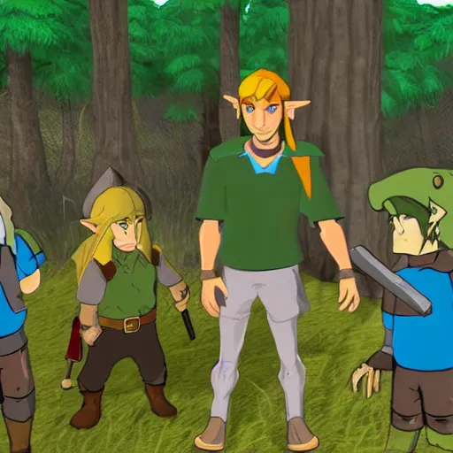 Image similar to link from legend of zelda visits the trailer park boys and smoke's weed with them, real trailer park boys episode, realistic, hdr, clear image, hdd, rtx on, dynamic lighting,