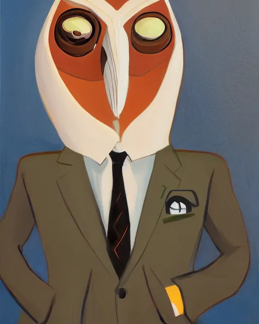 Image similar to a man with wearing a suit with a face of a barn owl by genndy tartakovsky and cory loftis, trending on artsation, detailed, oil on canvas