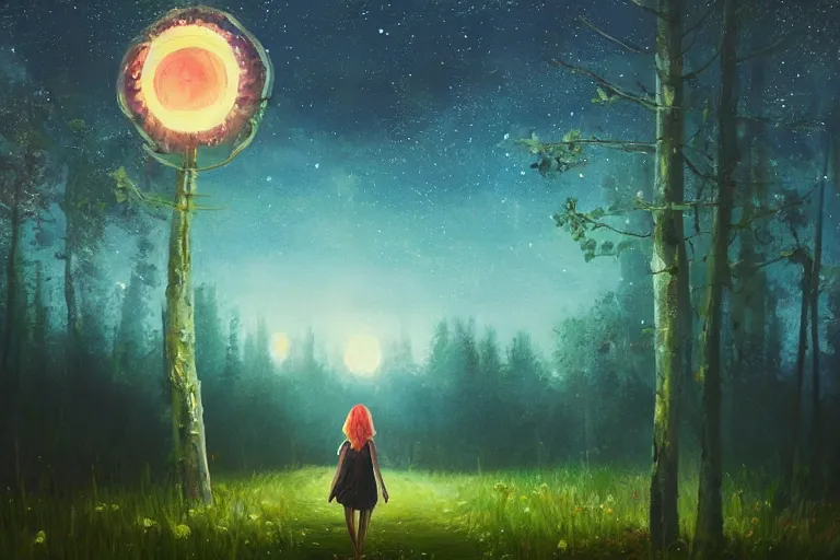 Image similar to giant daisy flower head, girl walking in a moonlit forest, hills, surreal photography, dark night, star trails, dramatic light, impressionist painting, clouds, digital painting, artstation, simon stalenhag