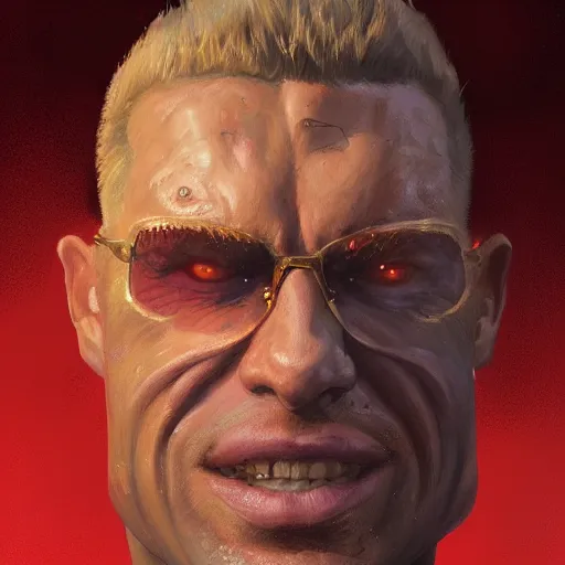 Prompt: a close up portrait of duke nukem, painted by greg rutkowski, digital art, trending on artstation