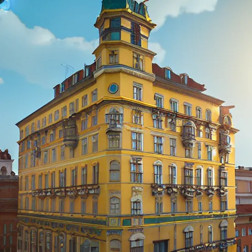 Image similar to wes anderson lviv building facade highly detailed, photo, artstation, 3 d render, sharp focus, art by tokiolab and alphonse mucha, 8 k, ultra realistic, lens flare, glow, soft lighting, hyperrealistic, unreal engine