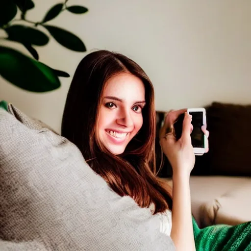 Image similar to Selfie photograph of a cute young woman smiling, long shiny bronze brown hair, full round face, emerald green eyes, medium skin tone, light cute freckles, smiling softly, wearing casual clothing, relaxing on a modern couch, interior lighting, cozy living room background, close-up shot, professional photography