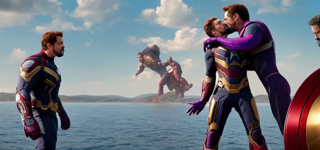 Image similar to a very high resolution image from a new movie. thanos kissing tony stark while capitan america watches on a lake, photorealistic, photography, directed by wes anderson