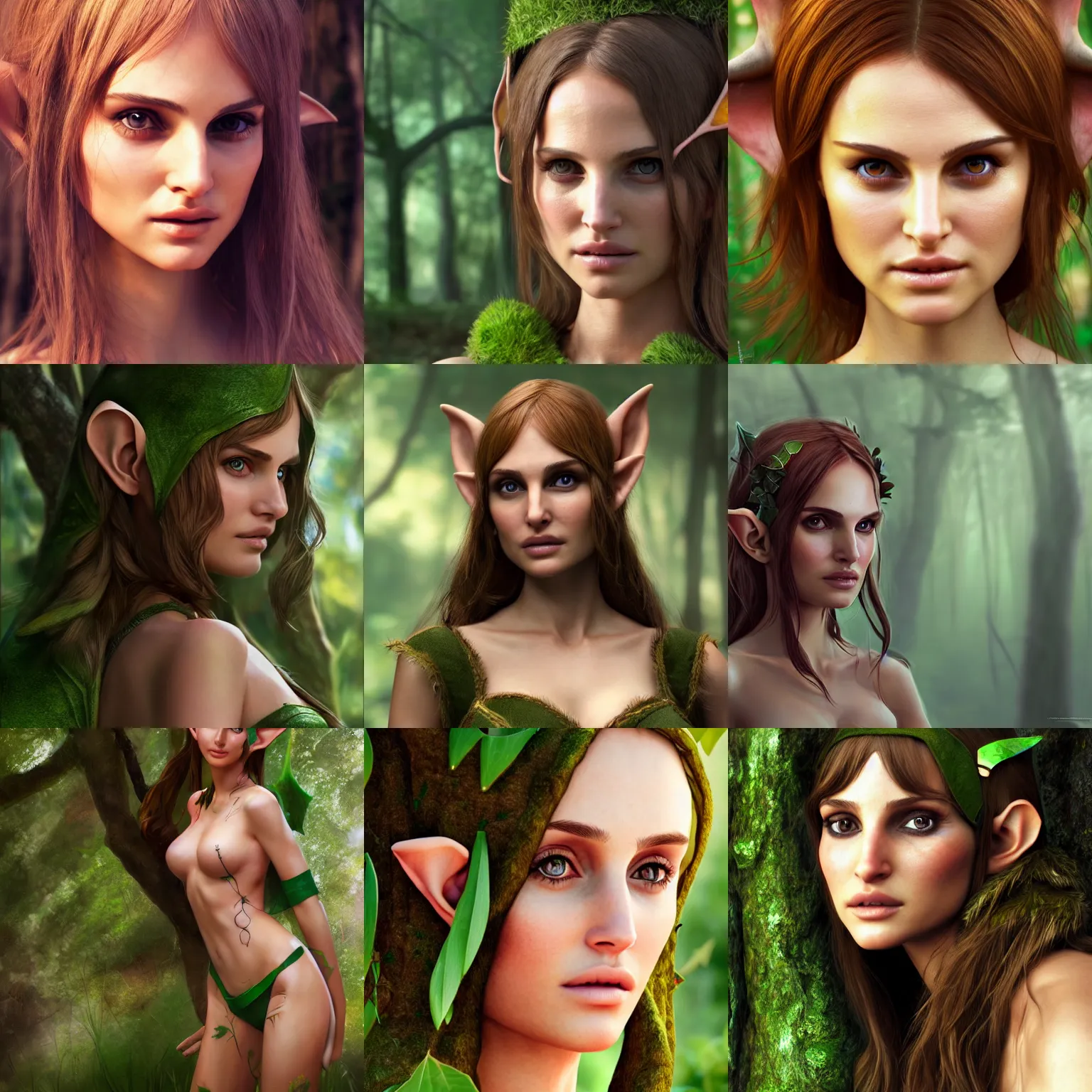 Prompt: forest elf girl, model: Natalie Portman, cosplay, artstation, 4k, photorealism