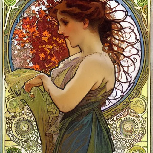 Image similar to fall, painted by alphonse mucha