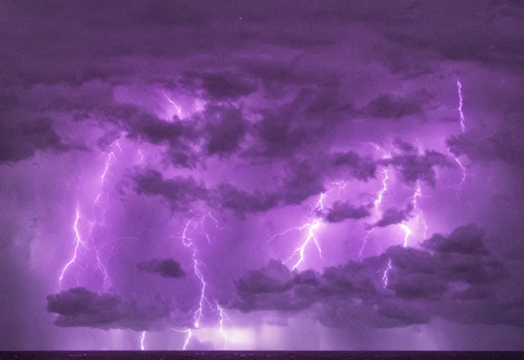 Image similar to purple color lighting storm with stormy sea,pirate ship firing its cannons with a water spout in the background. trippy nebula sky 50mm shot, fear and loathing movie