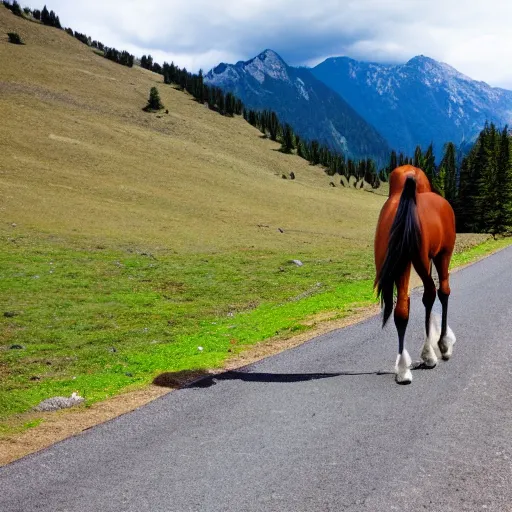 Prompt: horse on bicycle in the mountains