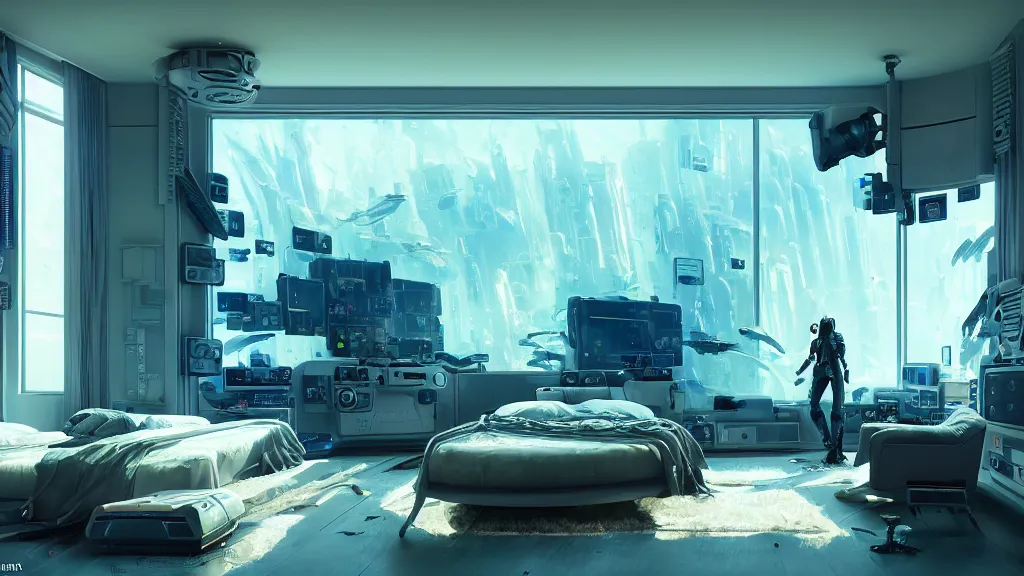 Prompt: interior of a futuristic bedroom cluttered with electronics, close up, wadim kashin, simon stalenhag, xf iq 4, f / 1. 4, iso 2 0 0, 1 / 1 6 0 s, 8 k, raw, featured in artstation, octane render, cinematic, elegant, intricate, 8 k