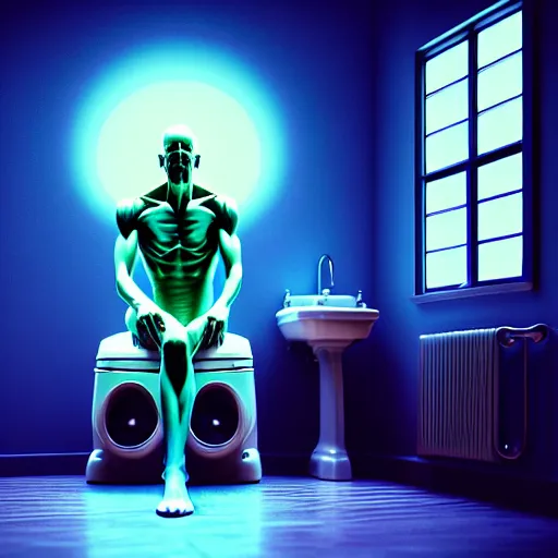 Image similar to Digital art High detailed Dr.Manhattan in Ukrainian village house by Taras Shevchenko, siting on a toilet, photorealism, by Beeple,8K,Pentax 67, Kodak Portra 400, rendered in Octane render