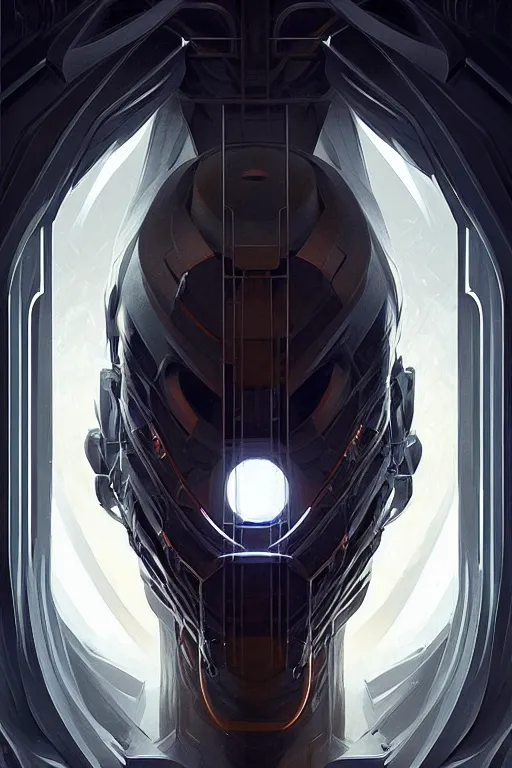 Image similar to professional concept art symmetrical portrait of a horrendous mechanical predatory species in a dark room by artgerm and greg rutkowski. an intricate, elegant, highly detailed digital painting, cubism, concept art, smooth, sharp focus, illustration, in the style of cam sykes.