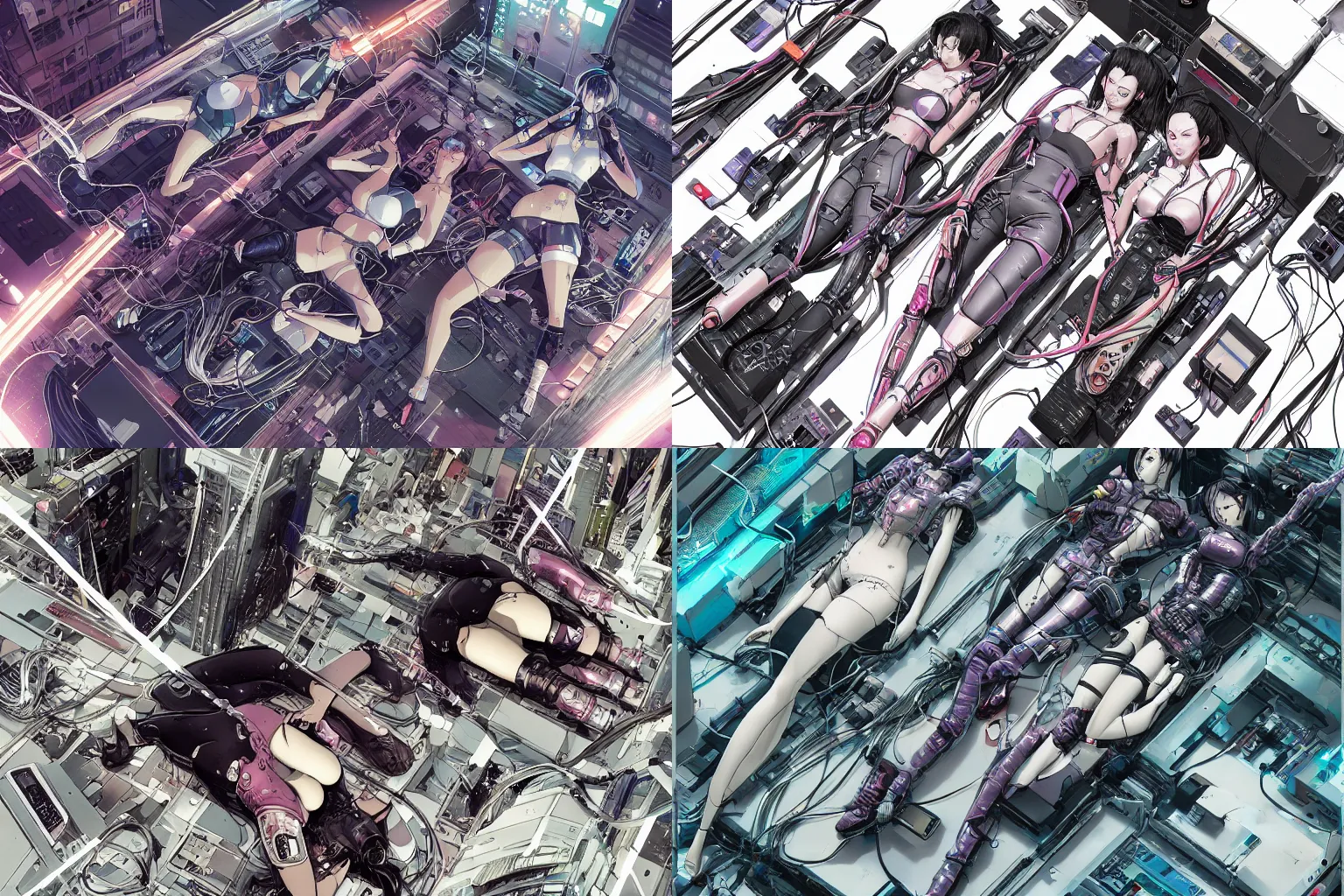 Prompt: a cyberpunk illustration of a group of three beautiful female androids in style of masamune shirow, lying on an empty, white floor with their bodies scattered in different poses and cables and wires coming out, by yukito kishiro and katsuhiro otomo, hyper-detailed, intricate, view from above