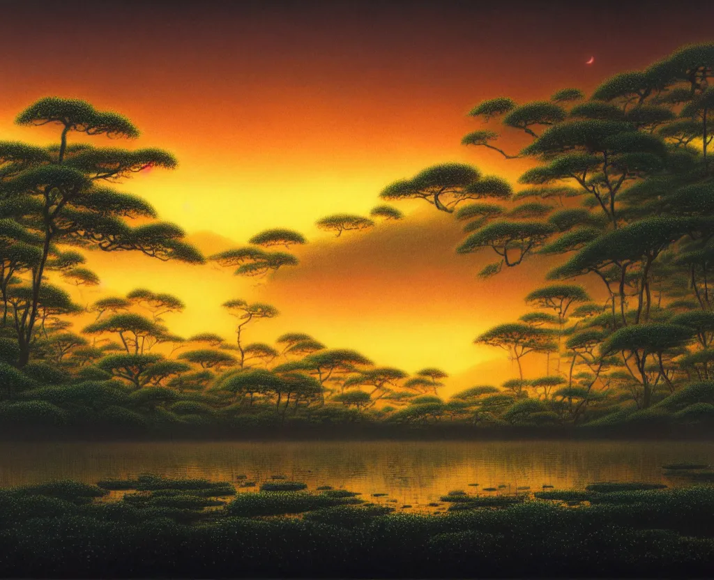 Prompt: a landscape pastel in the style of noriyoshi ohrai and mark tedin of an ancient swamp, night time. key art. 4 k retrofuturistic fantasy