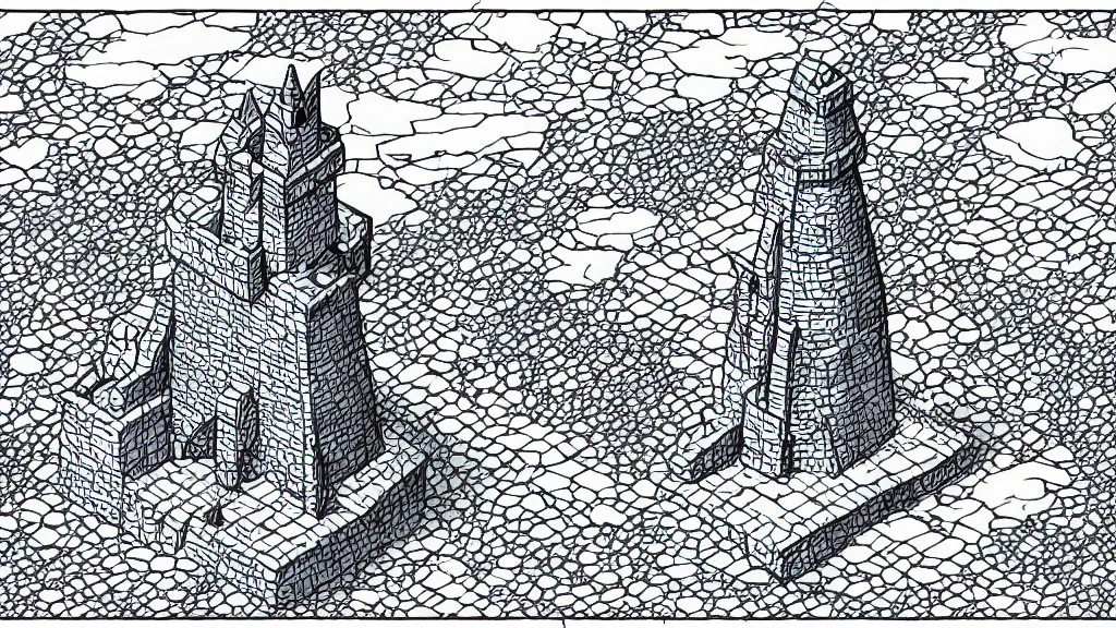 Image similar to isometric view of a wizard tower that's surrounded by rocks and mountains, lineart