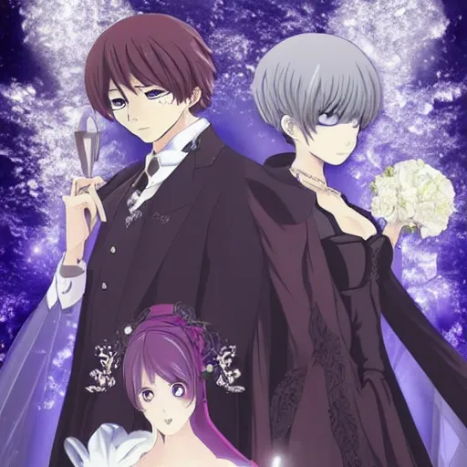 Prompt: a gothic wedding under a full blue moon, key anime visual, official modern animation