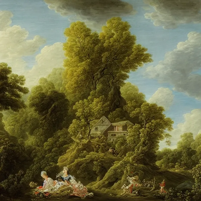 Image similar to a building in a serene landscape, by francois boucher