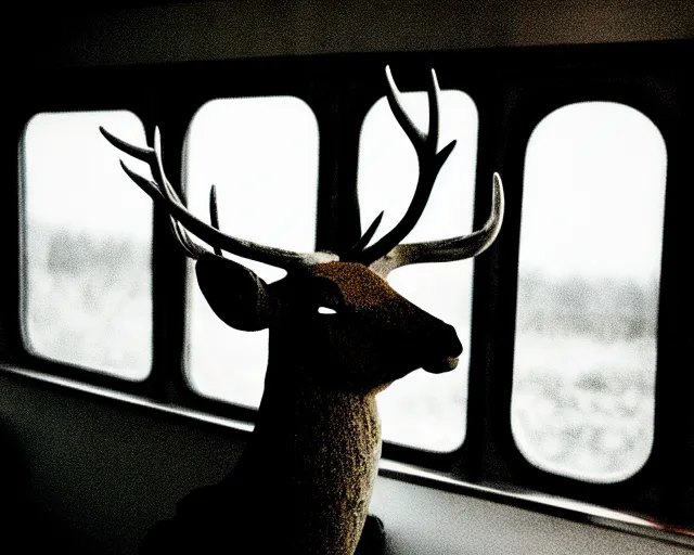 Image similar to a lomography photo of rumble between two human with deer head in soviet train this morning, bokeh,