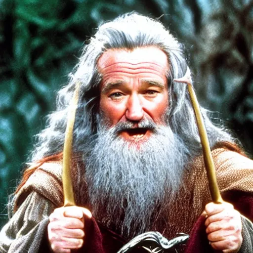 Image similar to Robin Williams playing Gandalf in Lord-of-the-Rings, screenshot