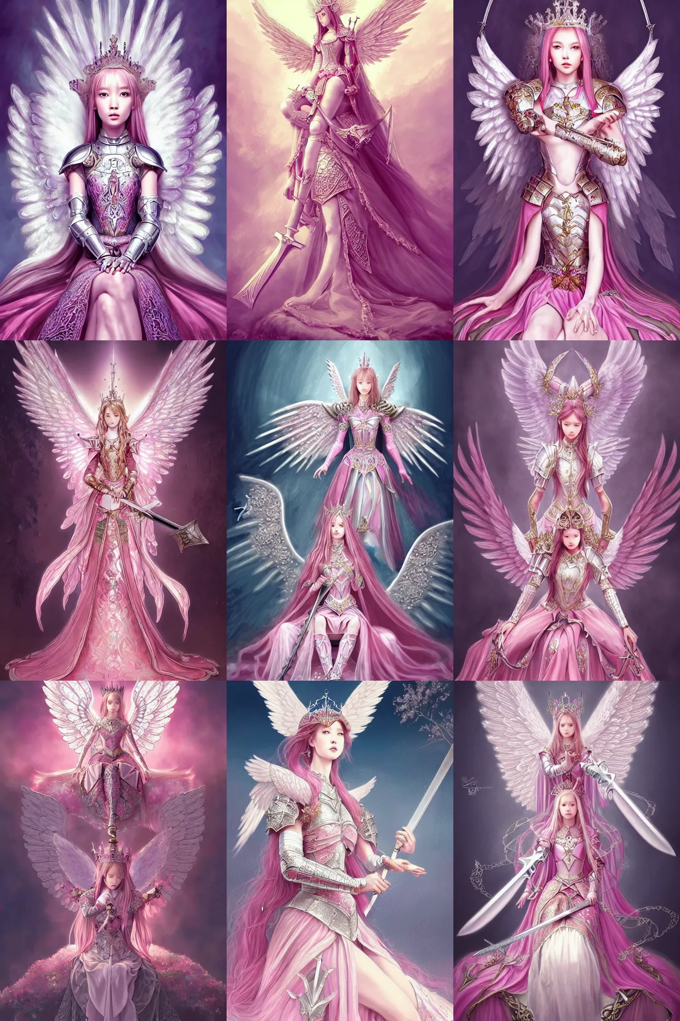 Prompt: gorgeous!! hyper - realistic princess wearing ornate pink knight armor, angel wings, angemon, dress + full plate armor l sitting at the thrown, holding a long sword | divine, elegant, ethereal, heavenly | illustration, intricate, high detail, ultra graphics, daz | drawn by wlop, drawn by jeehyung lee, drawn by artgerm