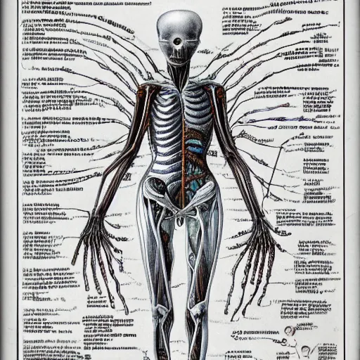 Prompt: an alien species, anatomical diagram, labeled body parts, from All Tommorrows, by C.M. Kösemen