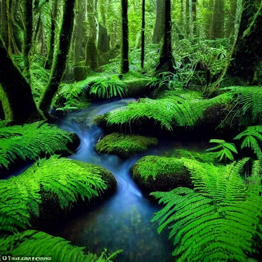 Image similar to 3 0 round pools of water in a forest, the wood between the worlds, narnia, cs lewis, lush green forest, moss and ferns, ferns,