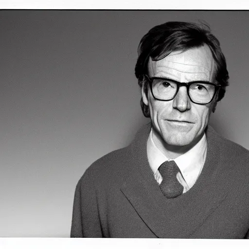 Prompt: 1970s of Mugshot Portrait of Bryan Cranston with glasses and no beard with a receding hairline, dressed in 1970s menswear, taken in the 1970s, photo taken on a 1970s polaroid camera, grainy, real life, hyperrealistic, ultra realistic, realistic, highly detailed, epic, HD quality, 8k resolution, body and headshot, film still, front facing, front view, headshot and bodyshot, detailed face, very detailed face