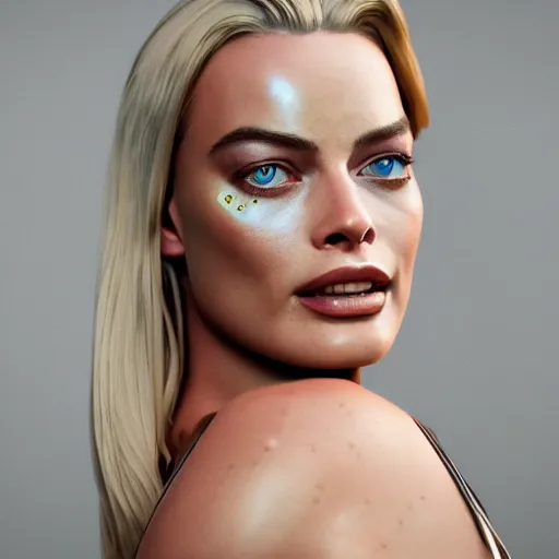 Image similar to shiny chrome skin Margot Robbie, photography, octane render