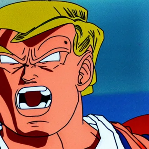 Prompt: still photo of donald trump in dragon ball (1989), anime,