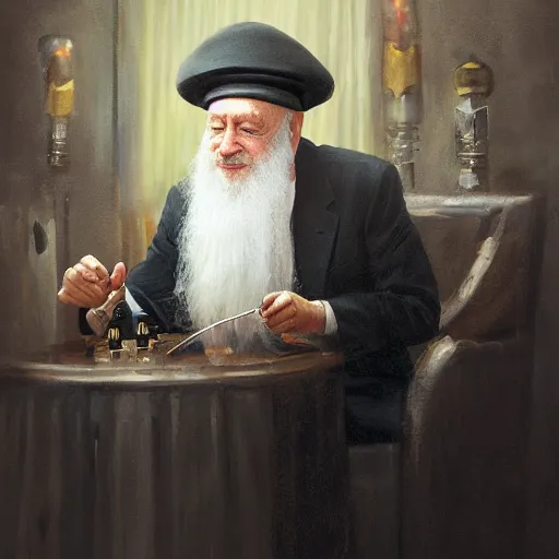 Prompt: joe biden as the lubavicher rebbe with sidelocks and shtreimel, jewish devotional art by greg rutkowski